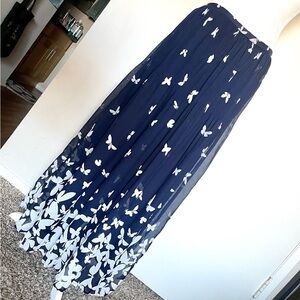 pleated butterfly print navy skirt long elegant beautiful sophisticated stylish